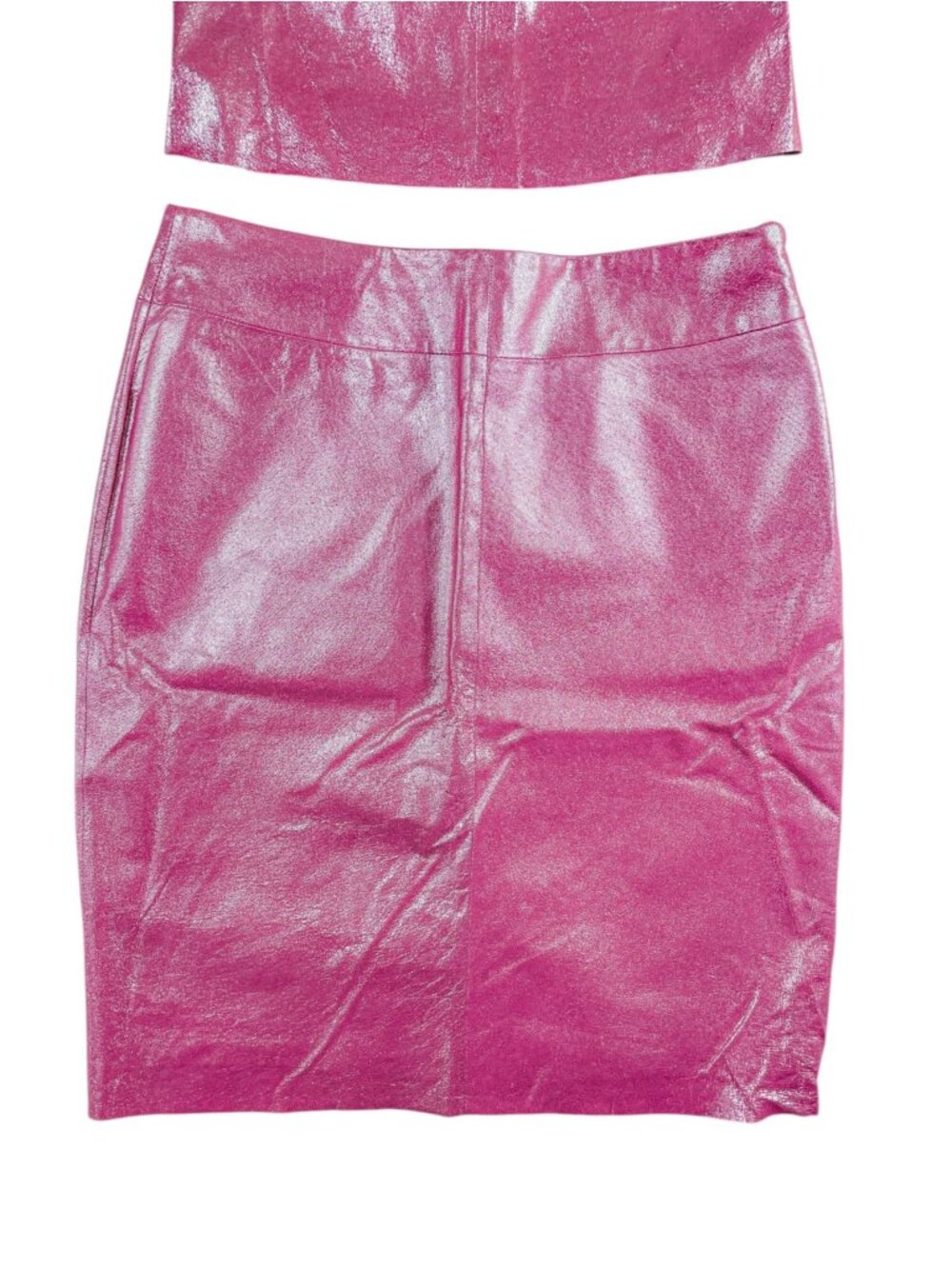 Rare Vintage Y2K Express Hot Pink 100% Leather Halter Top Skirt Set Sz XS Fest - Picture 9 of 16